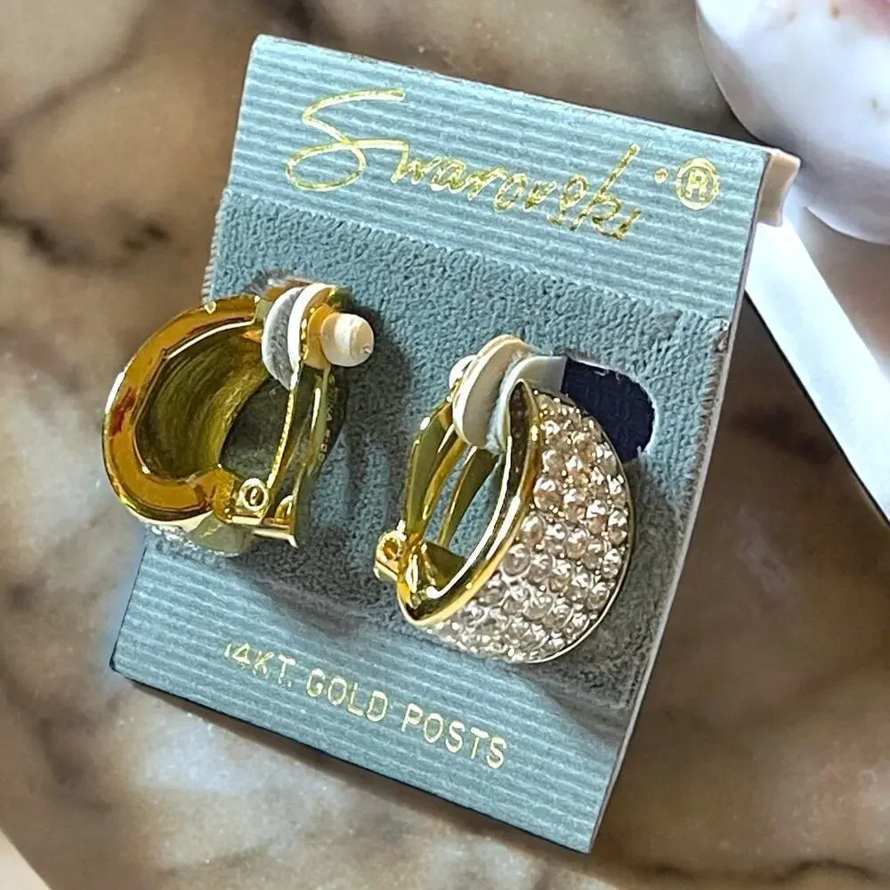Vintage Nina Ricci Earrings Womens Gold Tone Swarovski Rhinestones 14 kt Posts